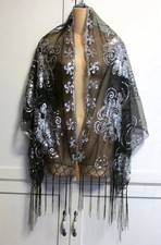 Shoulder Wrap Black Rectangular Scarf w Silver Sequin Floral Design Fringe 63X22