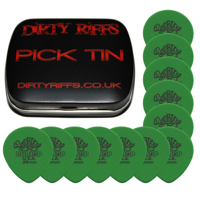 12 x Dunlop Tortex tropfenförmige Gitarren-Plektren - 0,88 mm grün in einer Plektrum-Dose