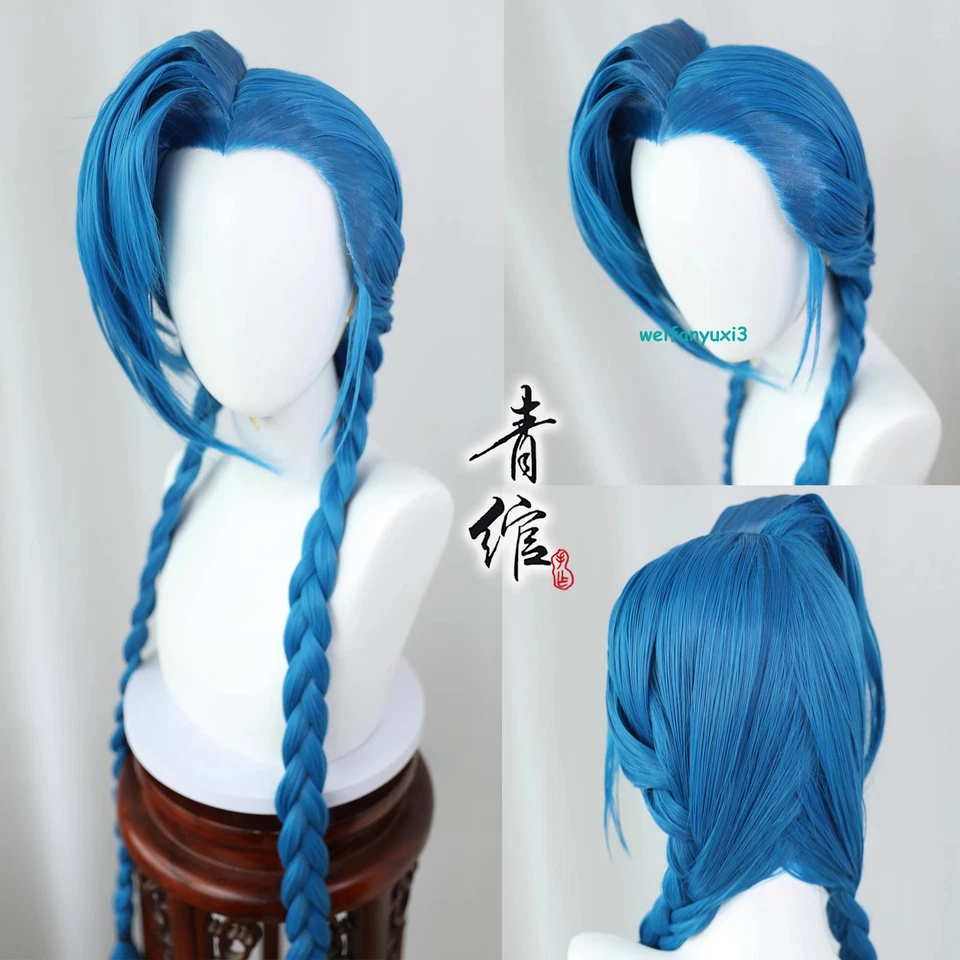League of Legends LOL Arcano Jinx Cosplay Peluca de Pelo Largo Azul Pelucas Trenzadas Prop Foto 2 de 4