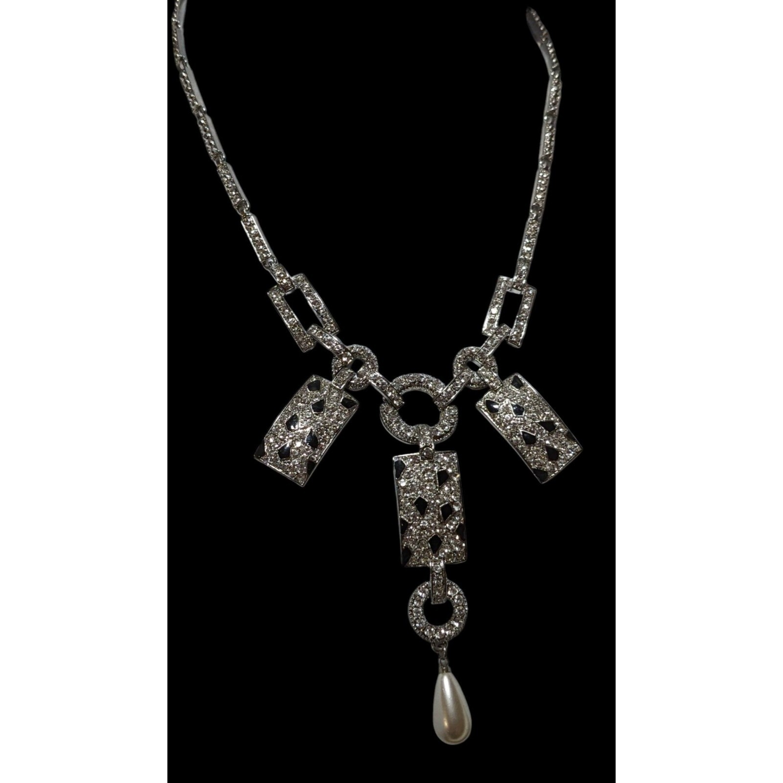 Retro Glam Silver Rhinestone Statement Necklace - image 3