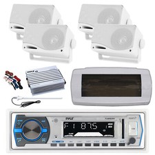 Pyle Bluetooth Marine Radio,Cover,Antenna,Amp w/Kit, 4x 3.5'' 200W White Speaker