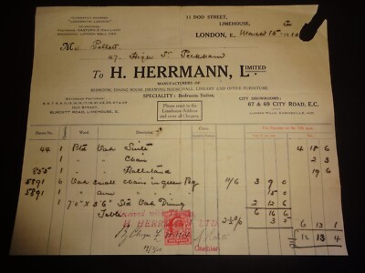 Vintage Invoice / Receipt /Bill 1910 H.Herrmann Ltd London for furniture