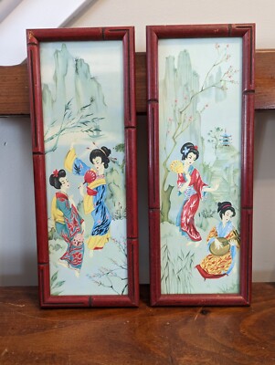 E.A. Riba Co. Inc. N.Y. Japanese Geisha Prints Framed Vintage Set of 2 Asian Art