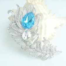 Luxury Bridal Wedding Austrian Crystal Peacock Feather Brooch Pin Pendant 05038