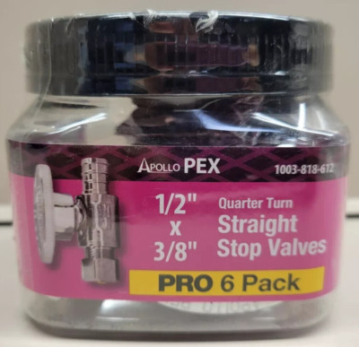 6 Pack Apollo Pex-B 1/2'' X 3/8'' Comp Quarter Turn Straight Stop Valves Supply