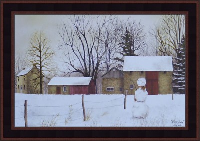 FIRST SNOW by Billy Jacobs 15x21 Snowman Winter Farm House Barn FRAMED WALL ART