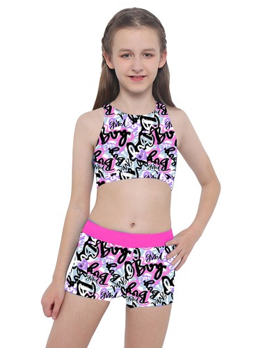 Kids Girls Swimsuit Swimwear Crisscross Back Top+Boyshorts Swim Set Beachwear - Picture 19 of 64