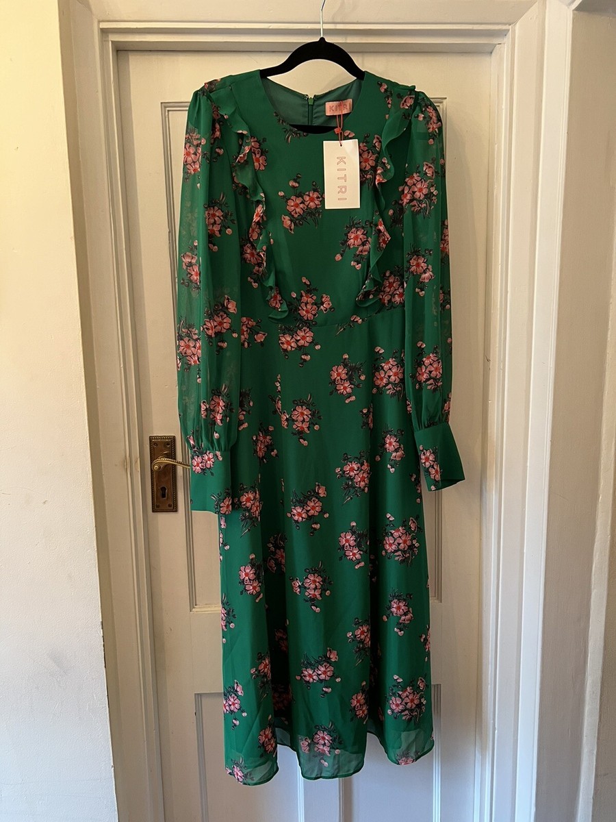 New With Tags Kitri Green & Pink Floral Print Gina Vintage Frill Midi Dress,UK12  | eBay UK