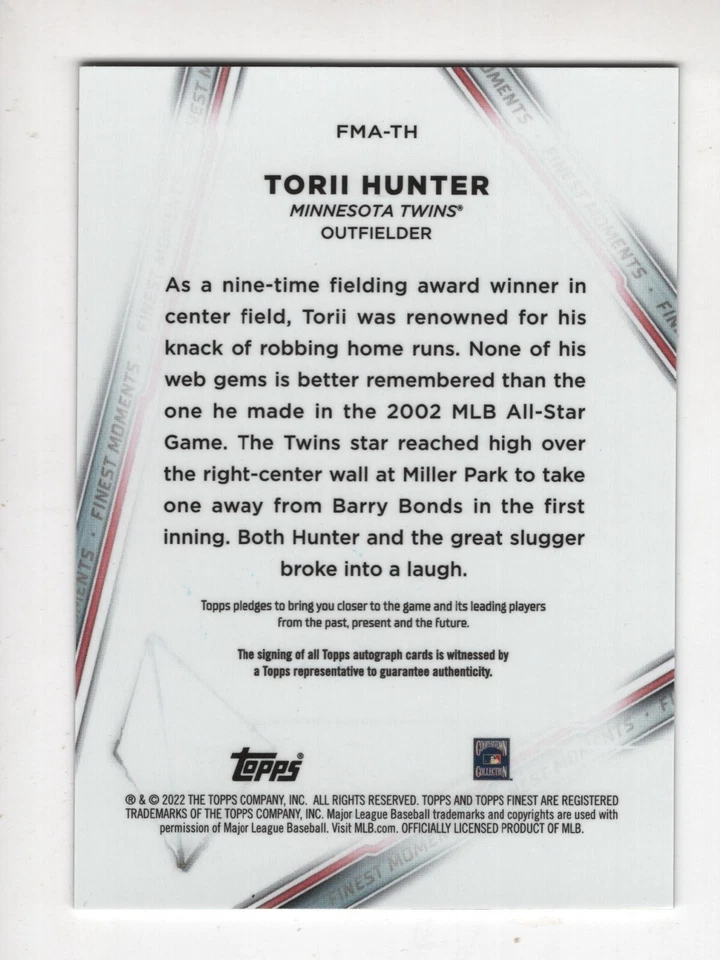 2022 Topps Finest Baseball Torii Hunter Finest Moments Autograph Refractor - Image 2 of 2