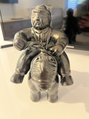 In The style Of Fernando Botero Metal Sculpture Of A Man On Horse