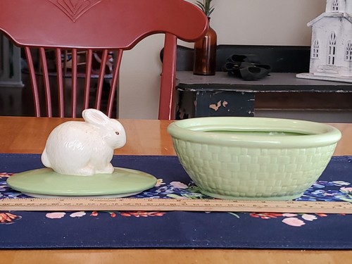 Hallmark 1995 Basket Weave 5"×6"×4.75" Candy Dish Bunny on Lid Spring Green NWT - Picture 11 of 24