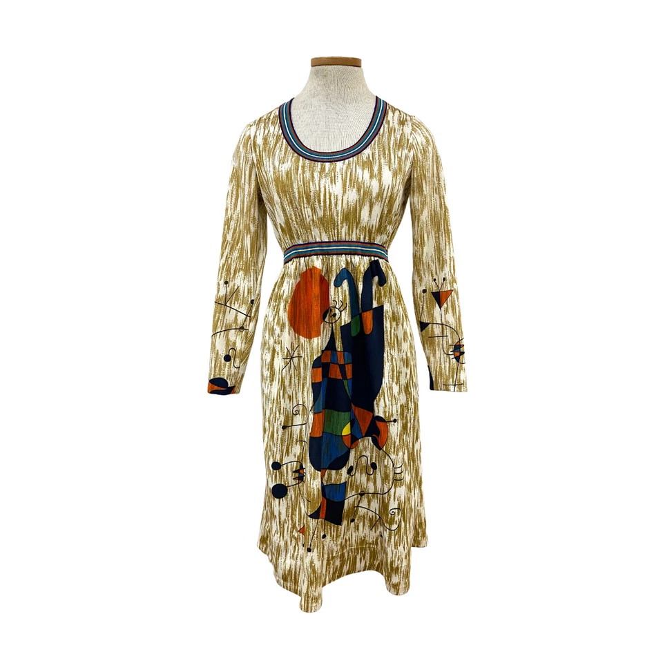 Vestido estampado vintage década de 1970 Goldworm Miró "Figuras de cabeça para baixo" - Imagem 4 de 4