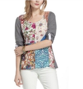 One-September-Anthropologie-Milieu-Patchwork-Roll-Tab-Sleeve-Top-Blouse