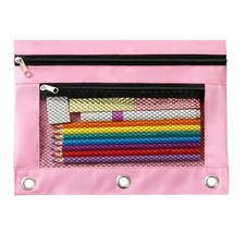 3 Ring Binder Pencil Pouch - Oxford Fabric Pencil Case with 2 Zippered Pink