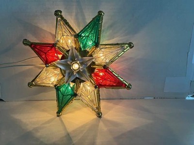 Vintage 8 Point Lighted Star Tree Topper. Red Green Clear & Gold