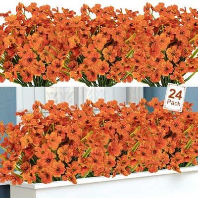 Outdoor Artificial Flowers 24 Bundles, UV Resistant Fall Mums, Faux, Orange