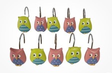 OWL Shower Curtain Hooks set of 12 , Owls are 1 1/2" Tall Green and Pink