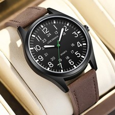 Men Quartz Wrist Watch Leather Strap Military Style Date Waterproof Outdoor Gift