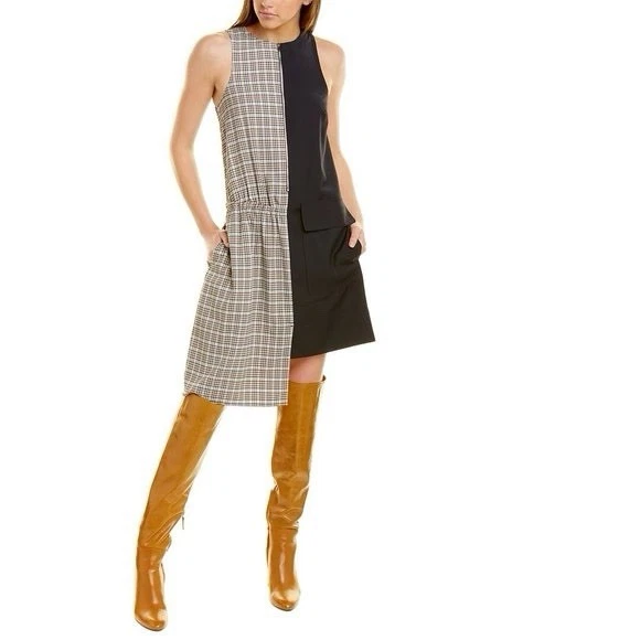 Vestido Tibi Sana Cuadros Cuadros Bloques de Color Sin Mangas Asimétrico Azul Marino Tostado Talla 10 d1 Foto 3 de 4