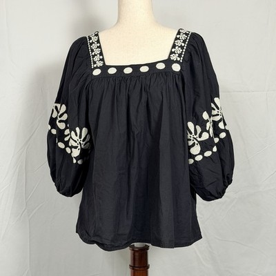 Corey Lynn Calter Black Blouse with white Floral Embroidery peasant, bohemian