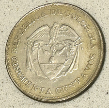 1966 Colombia 50 Centavos, ~Fine Coin,  Depicts Simon Bolivar & Coat-of-Arms