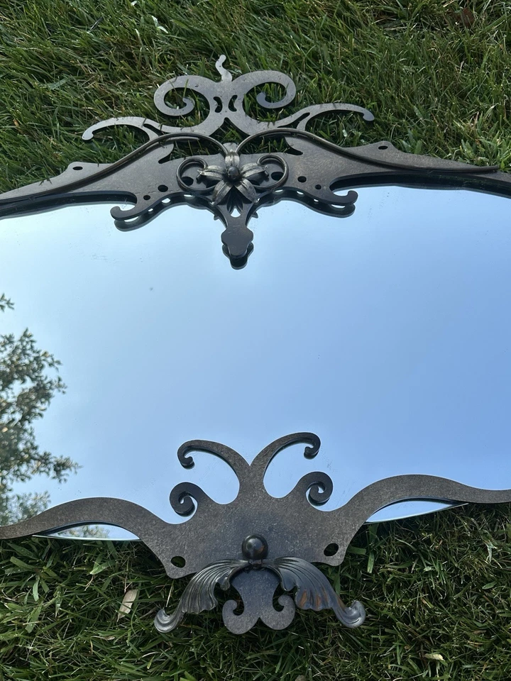 Vintage Regency Victorian Goth Wrought Iron Oval Mirror 52” x 32” - Image 2 of 4