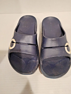 OOFOS OOahh Sport Women's Sz 6 Men's Sz 4 Navy Blue Recovery Slides White Logo