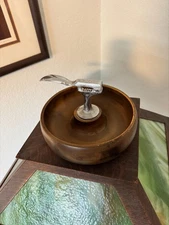Vintage Mid-Century Wooden Nutcracker Bowl With Built-In Metal Cracker Taiwan