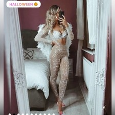 Iridescent Sparkle Rhinestone-Embellished Sheer Catsuit