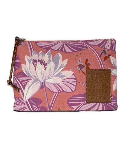 LOEWE Pink Floral Canvas Leather Clutch Bag Wrist Strap Auth
