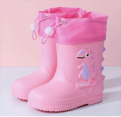 Youngsters' Pink Cartoon Dinosaur Rain Boots - Soft EVA Sole, Waterproof Slip-On