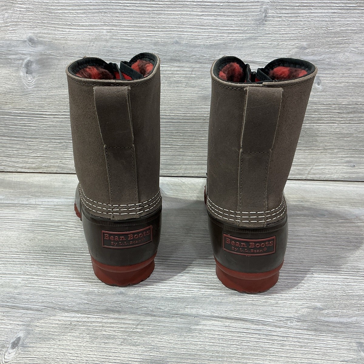LL Bean Zipper Duck Boots Fleece Plaid Lined Primaloft USA 
