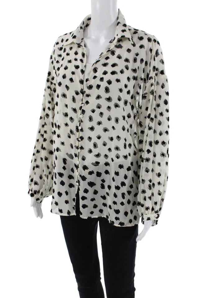 Blusa blanca manga campesina transparente con cuello estampado manchado talla L de Zara para mujer Foto 2 de 4