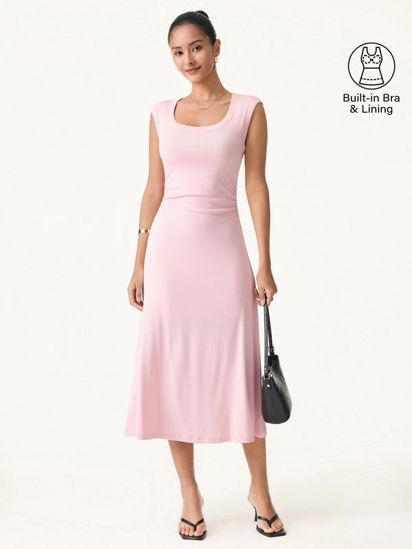 Scoop Neck Side Ruched New Airy Bra Midi Dress