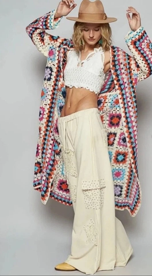 Cárdigan largo POL para mujer talla única frente abierto crochet abuela patrón cuadrado Foto 2 de 4