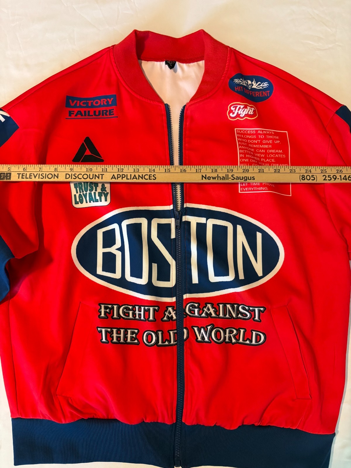 SHEIN Boston Fight Red Zip Jacket Size M Graphic Patch Streetwear Statement Rare image 10