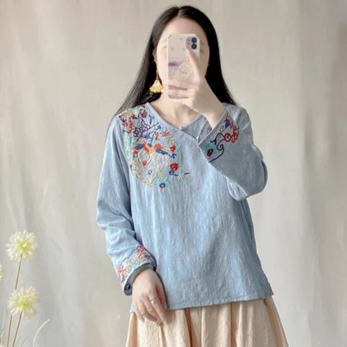 New Lady Embroidered Chinese Shirts Tops Blouse Retro Ethnic Floral Vintage - Picture 5 of 16