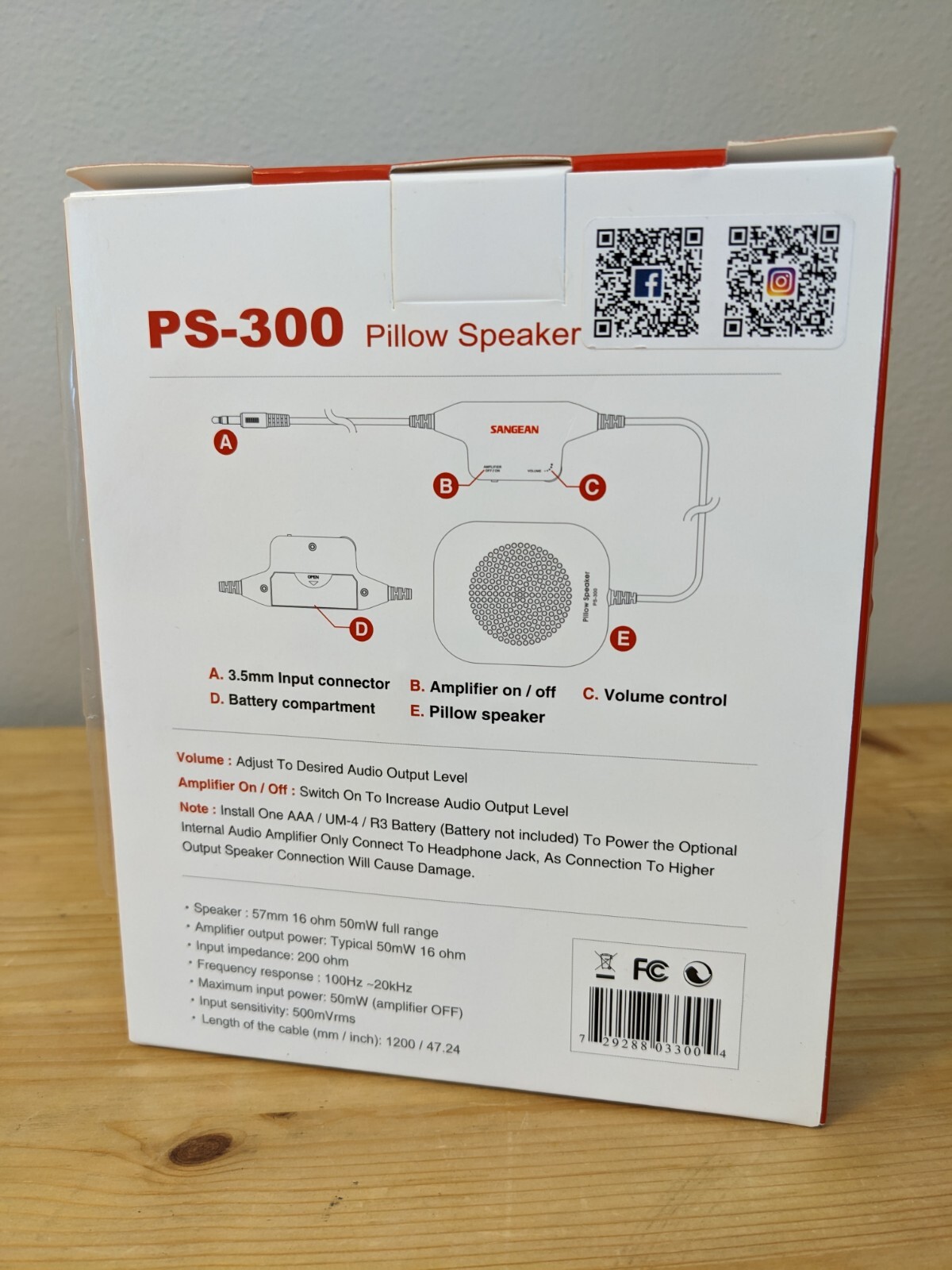 Sangean PS300 Pillow Speaker with Inline Volume Control and Amplifier