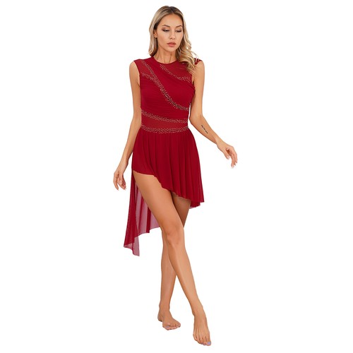 Womens Ballroom Shiny Figure Skating Performance Dress Sheer Dancewear Lyrical - Picture 18 of 90