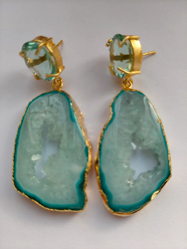 Druzy Slice Earring Aqua Blue Stud Geode Gold Edge Earring Fashion Jewelry Dangl - Image 3 of 4