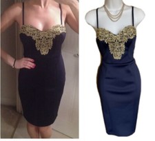 Lipsy Bodycon Pencil Dress 16 Navy Blue Gold Evening Party Wedding Embroidered