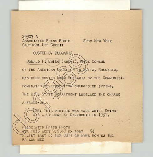 Foto de prensa dibujada a mano de diplomático estadounidense a Bulgaria Donald EWING 1941 - Imagen 2 de 2
