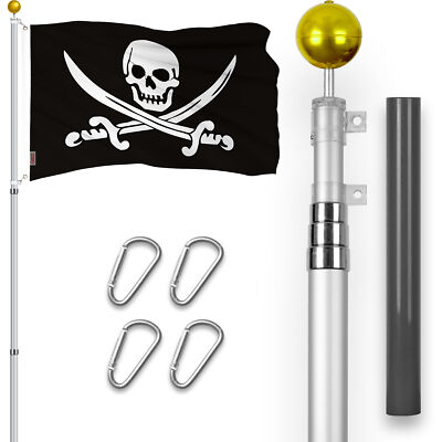 16 Ft Telescoping Flagpole Silver & Pirate Jolly Roger Swords Flag 3x5 Ft Emb