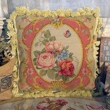 16" So Beautiful Pink Roses Butterfly Gold French Country Needlepoint Pillow