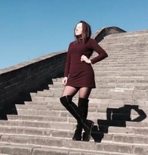 HandMade Sweater Dress Long Sleeve Mini Above Knee Petite Burgundy PS