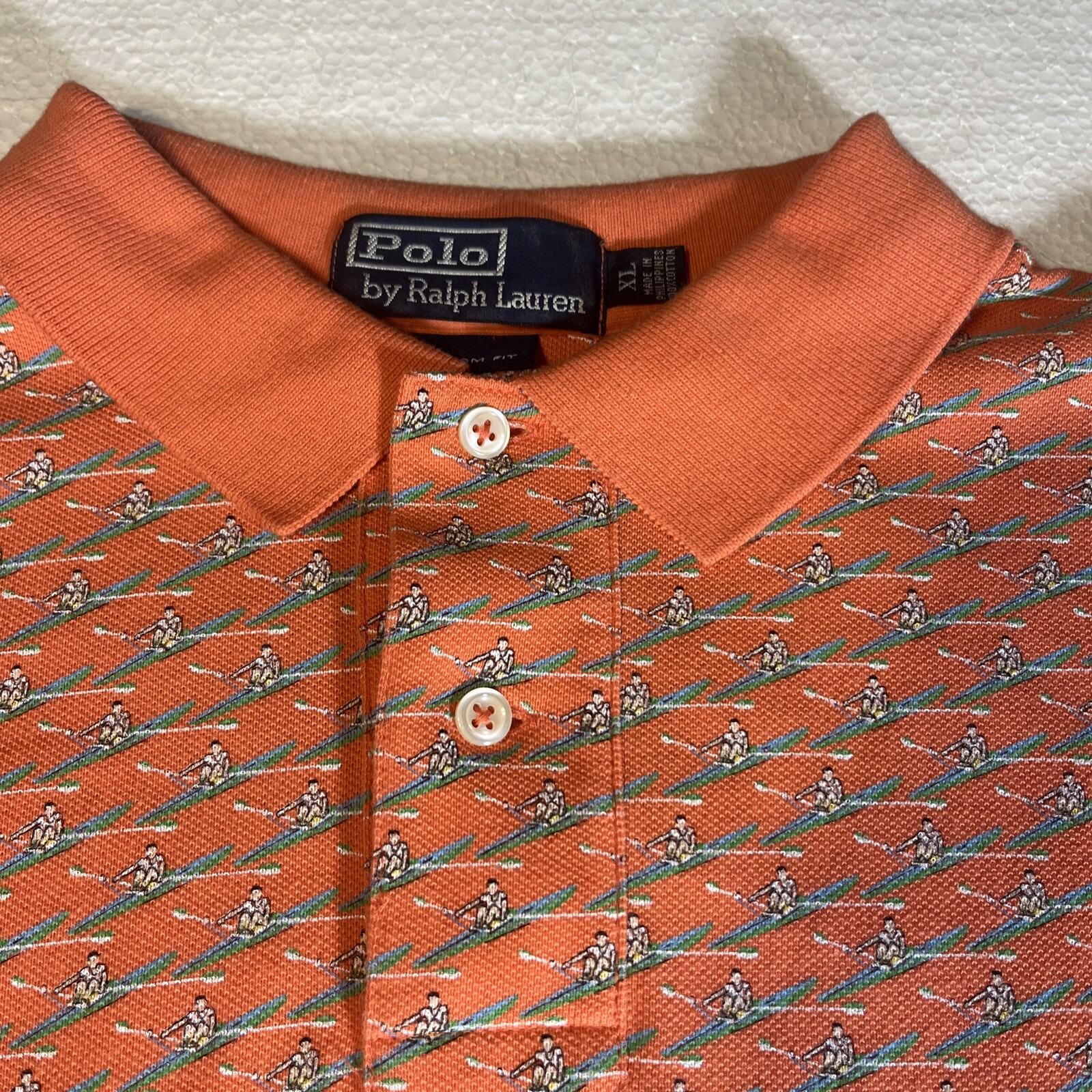 FILA Polo Ralph Lauren camicia uomo XL arancione vintage canoa canottaggio AOP anni 90 casual