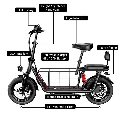 500W 48V Adult Electric Scooter with Seat 14" Tires Foldable E-Scooter 25 Miles - Picture 2 of 8