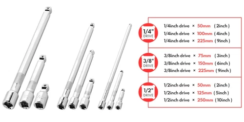 9 pcs Wobble Extension Bar Set 1/4" 3/8" 1/2" Drive Wobble Socket Bars Kit CR-V - Picture 3 of 12