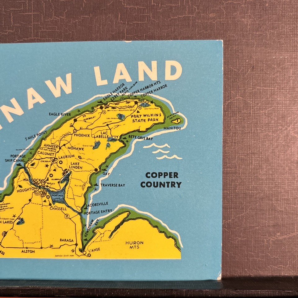 Keweenaw Land Map Lake Superior Michigan MI vintage chrome Postcard