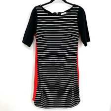 ELIZA J Black White Orange Stripe Half Sleeve Back Zip Shirt Dress Size 8